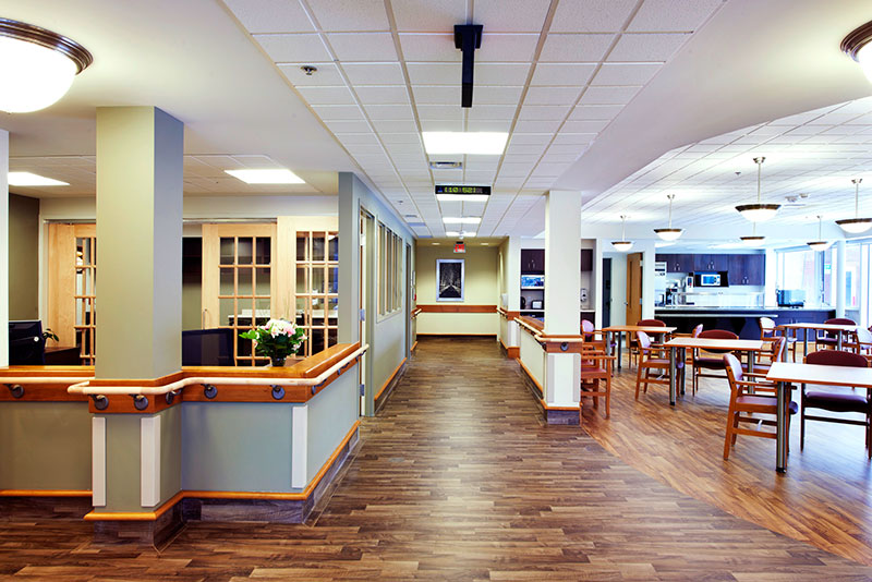 The main dining hall and a nurses station.